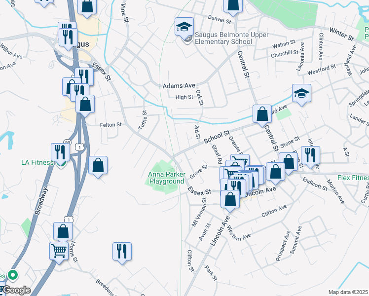 map of restaurants, bars, coffee shops, grocery stores, and more near 81 School Street in Saugus