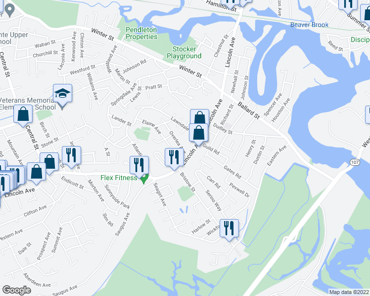 map of restaurants, bars, coffee shops, grocery stores, and more near 7 Overlea Avenue in Saugus