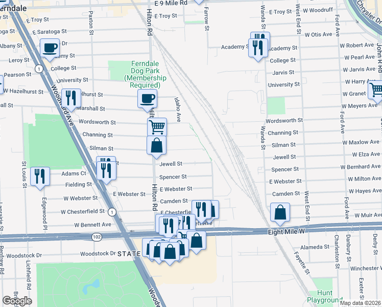 map of restaurants, bars, coffee shops, grocery stores, and more near 800 Silman Street in Ferndale