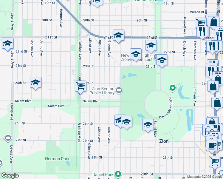 map of restaurants, bars, coffee shops, grocery stores, and more near 2409 Gideon Avenue in Zion