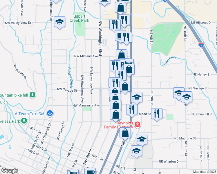 map of restaurants, bars, coffee shops, grocery stores, and more near 204 Northwest Savage Street in Grants Pass