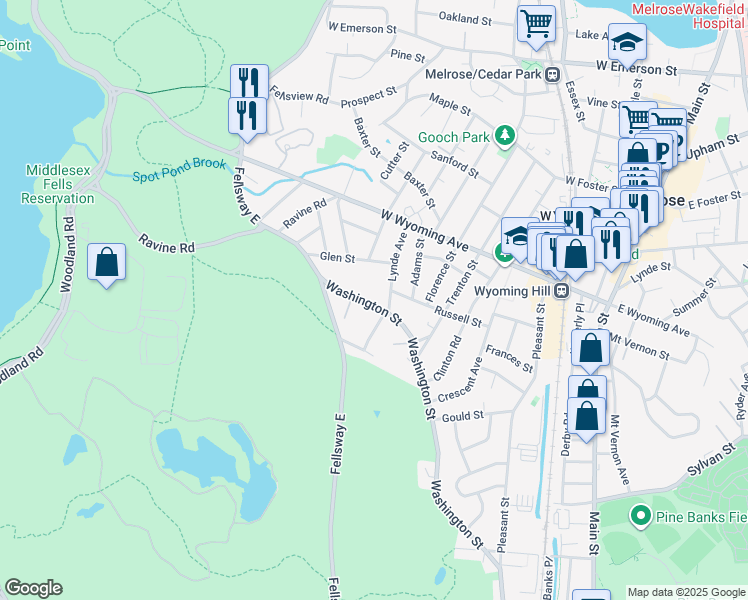 map of restaurants, bars, coffee shops, grocery stores, and more near 359 Washington Street in Melrose