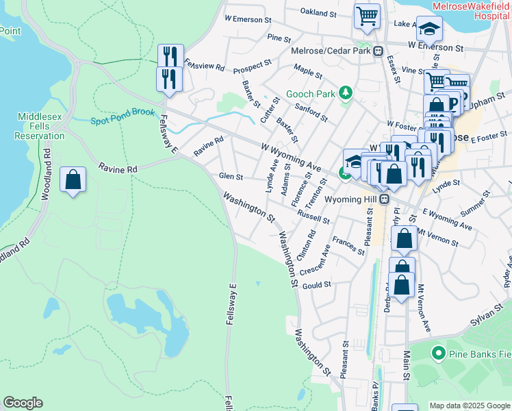 map of restaurants, bars, coffee shops, grocery stores, and more near 359 Washington Street in Melrose