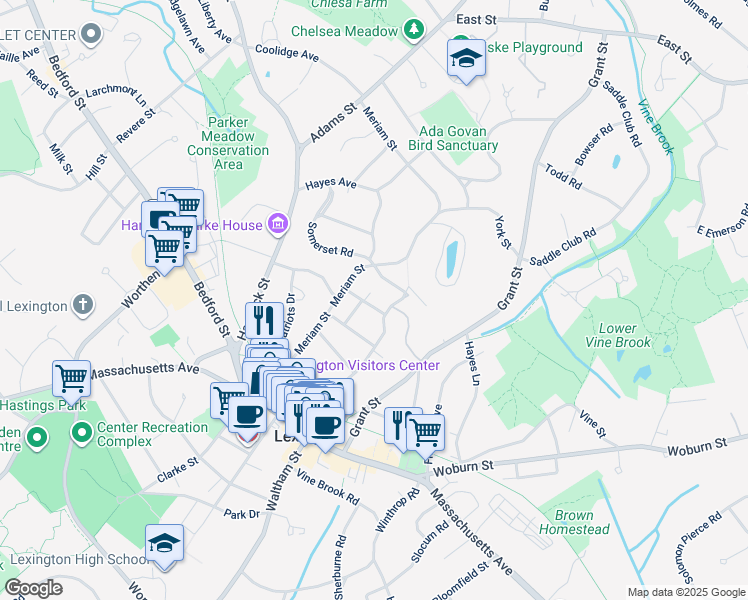 map of restaurants, bars, coffee shops, grocery stores, and more near 8 Glen Road in Lexington