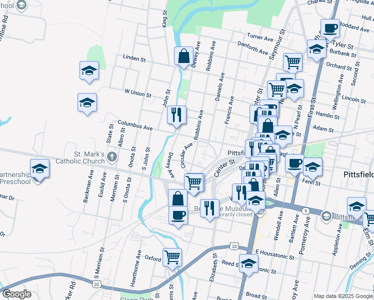 map of restaurants, bars, coffee shops, grocery stores, and more near 64 Circular Avenue in Pittsfield