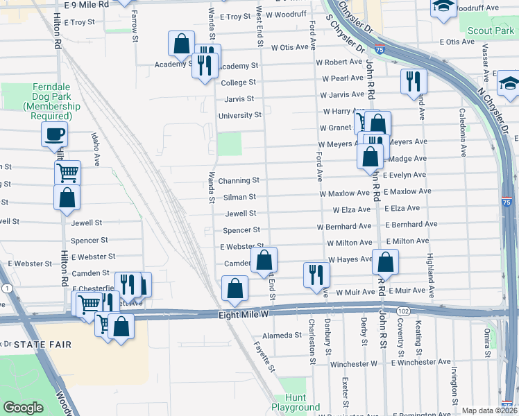 map of restaurants, bars, coffee shops, grocery stores, and more near 1585 Jewell Street in Ferndale