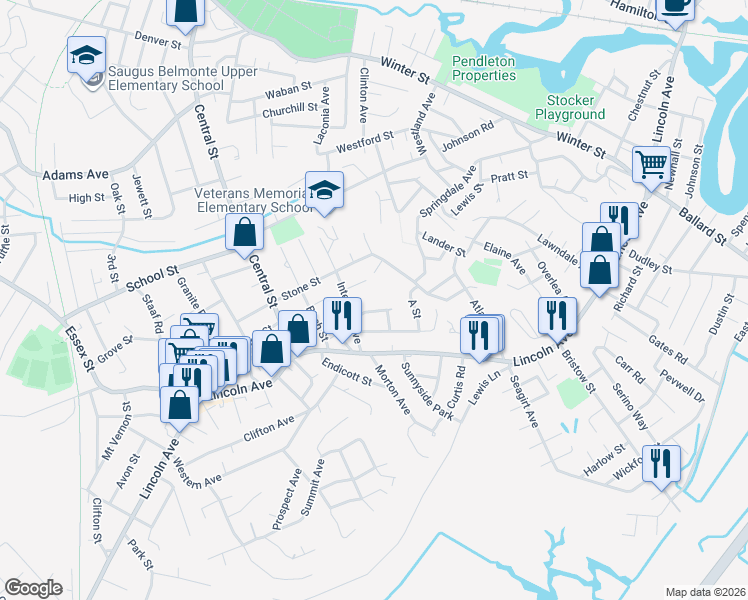 map of restaurants, bars, coffee shops, grocery stores, and more near 8 Hillside Avenue in Saugus
