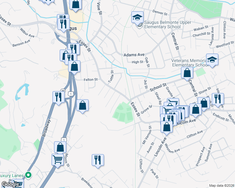 map of restaurants, bars, coffee shops, grocery stores, and more near 8 Hood Street in Saugus