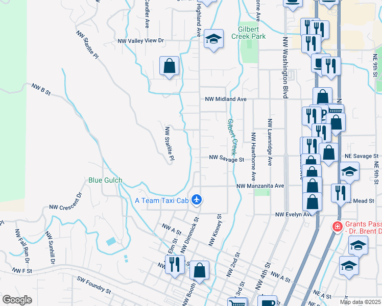 map of restaurants, bars, coffee shops, grocery stores, and more near 907 Northwest Hewitt Lane in Grants Pass