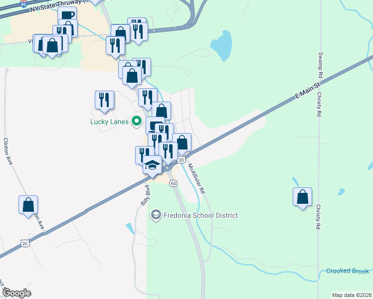 map of restaurants, bars, coffee shops, grocery stores, and more near 3752 East Main Street in Fredonia