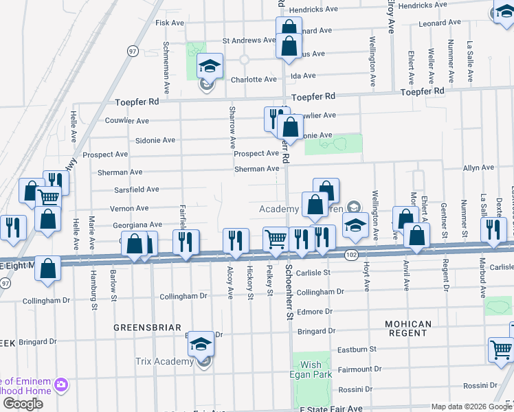 map of restaurants, bars, coffee shops, grocery stores, and more near 13436 Vernon Avenue in Warren