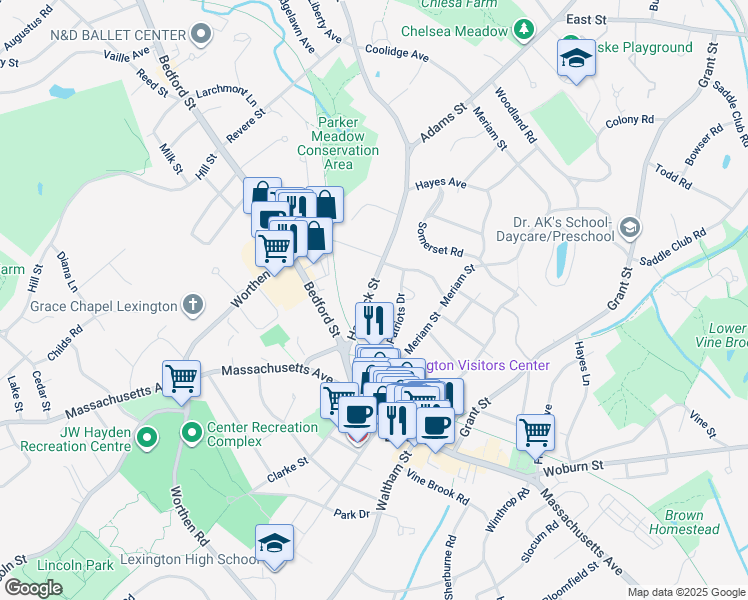 map of restaurants, bars, coffee shops, grocery stores, and more near 19 Hancock Street in Lexington
