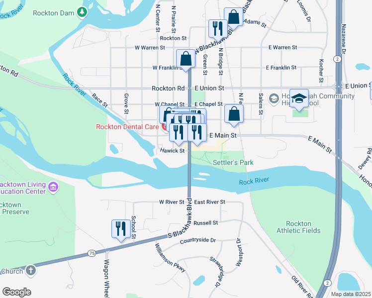 map of restaurants, bars, coffee shops, grocery stores, and more near 112 Hawick Street in Rockton