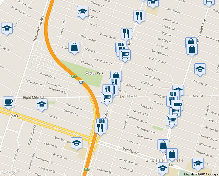 map of restaurants, bars, coffee shops, grocery stores, and more near 21211 Harper Ave in St Clair Shores