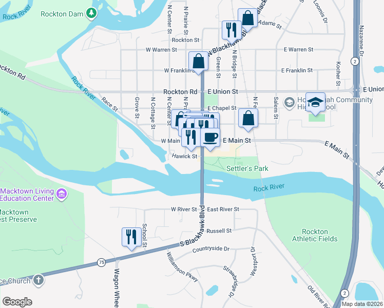 map of restaurants, bars, coffee shops, grocery stores, and more near 112 Hawick Street in Rockton