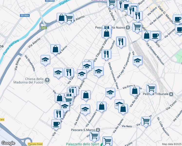 map of restaurants, bars, coffee shops, grocery stores, and more near 185 Via Tiburtina Valeria in Pescara