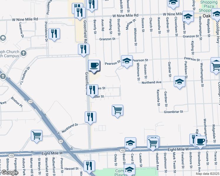 map of restaurants, bars, coffee shops, grocery stores, and more near 15125 James Street in Oak Park
