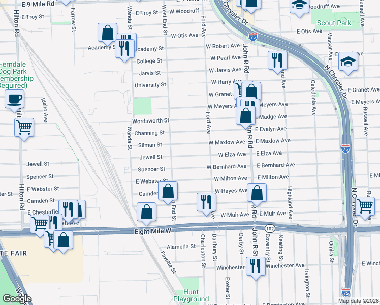 map of restaurants, bars, coffee shops, grocery stores, and more near 422 West Elza Avenue in Hazel Park