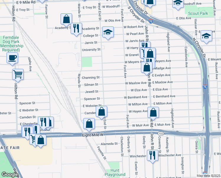 map of restaurants, bars, coffee shops, grocery stores, and more near 422 West Elza Avenue in Hazel Park