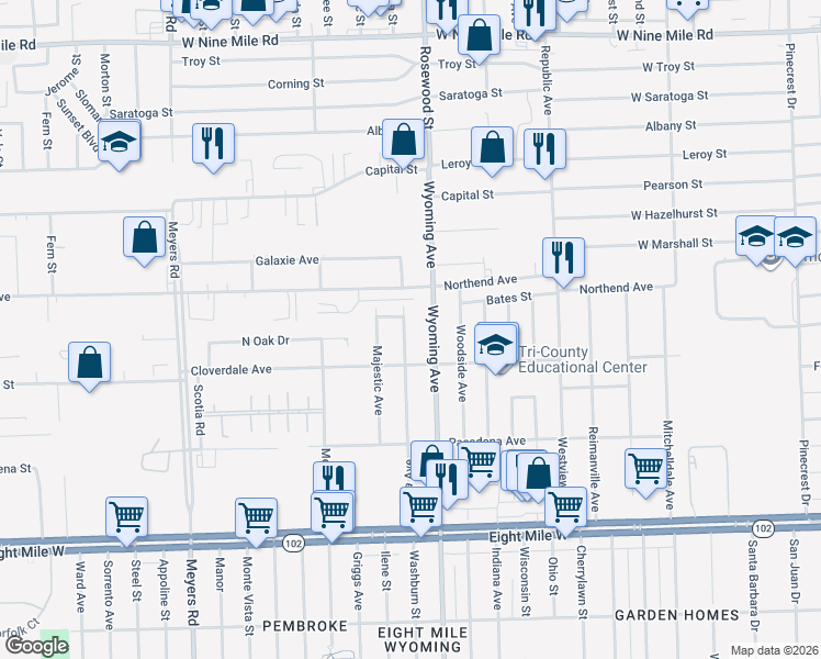 map of restaurants, bars, coffee shops, grocery stores, and more near 21353 Ithaca Avenue in Ferndale
