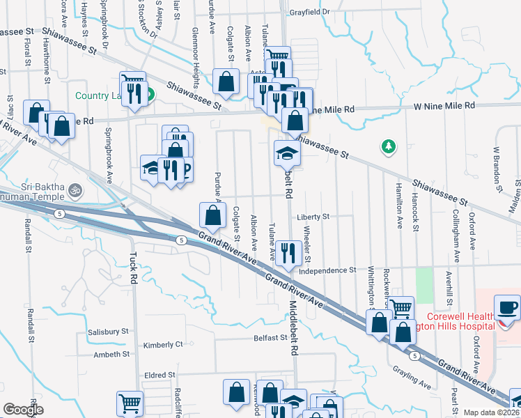 map of restaurants, bars, coffee shops, grocery stores, and more near 21728 Albion Avenue in Farmington Hills