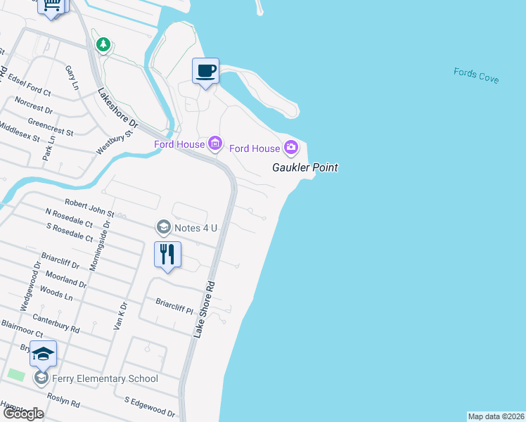 map of restaurants, bars, coffee shops, grocery stores, and more near 9 Fairlake Lane in Grosse Pointe Shores