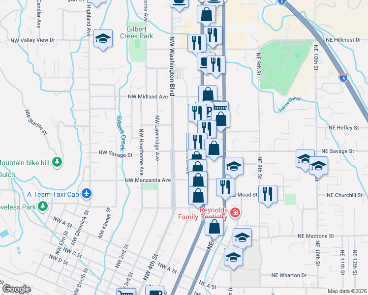 map of restaurants, bars, coffee shops, grocery stores, and more near 204 Northwest Savage Street in Grants Pass