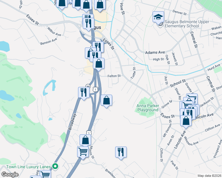 map of restaurants, bars, coffee shops, grocery stores, and more near 1 Griswold Street in Saugus