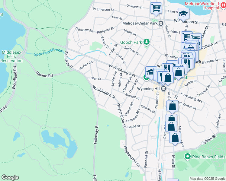 map of restaurants, bars, coffee shops, grocery stores, and more near 76 Russell Street in Melrose