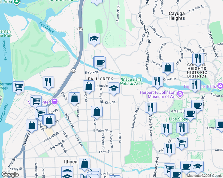 map of restaurants, bars, coffee shops, grocery stores, and more near 216 Queen Street in Ithaca