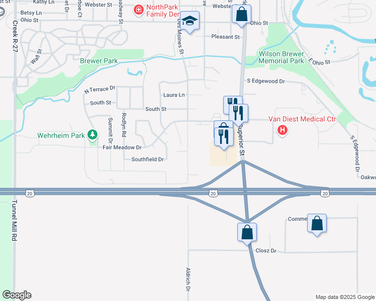 map of restaurants, bars, coffee shops, grocery stores, and more near 2416 Des Moines Street in Webster City