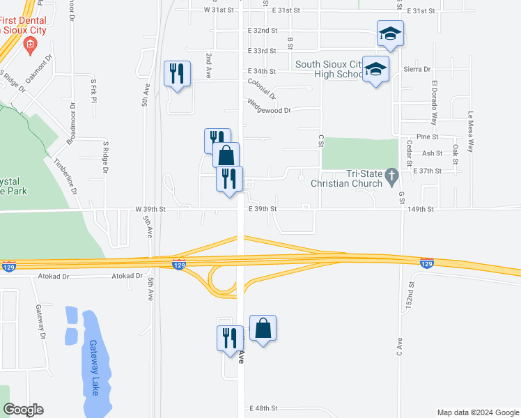 map of restaurants, bars, coffee shops, grocery stores, and more near 100-170 East 39th Street in South Sioux City