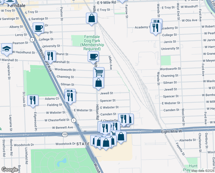 map of restaurants, bars, coffee shops, grocery stores, and more near 648 Silman Street in Ferndale
