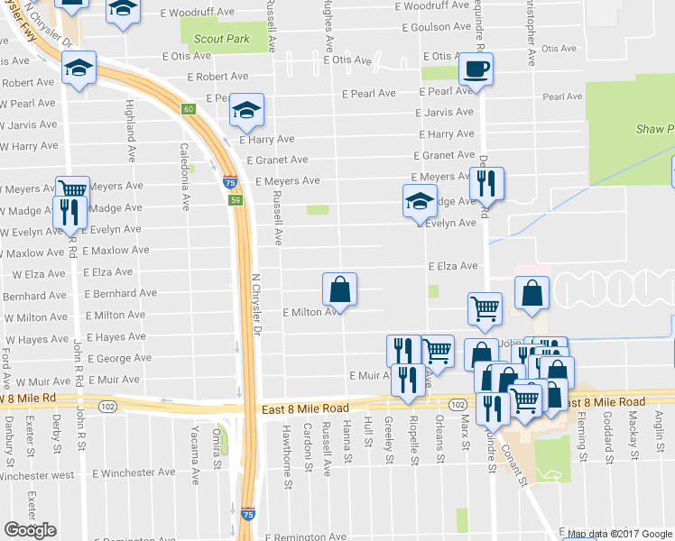 map of restaurants, bars, coffee shops, grocery stores, and more near 1320 East Elza Avenue in Hazel Park