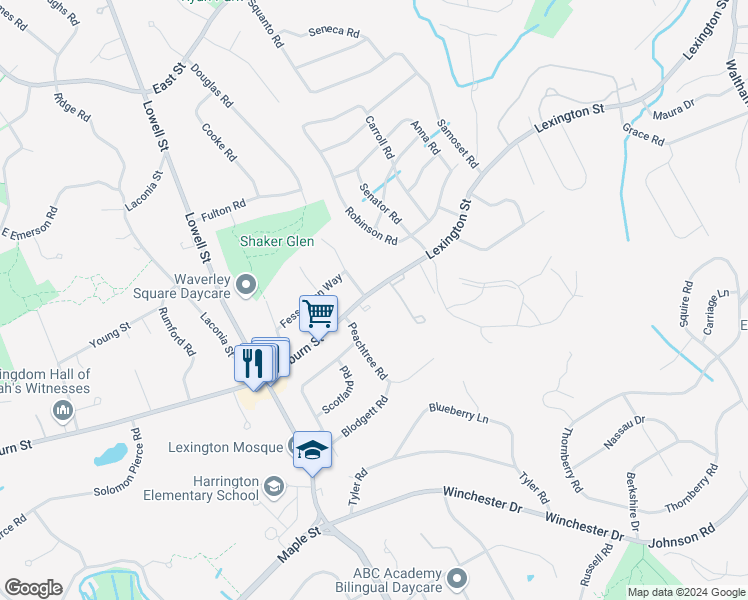 map of restaurants, bars, coffee shops, grocery stores, and more near 425 Woburn Street in Lexington