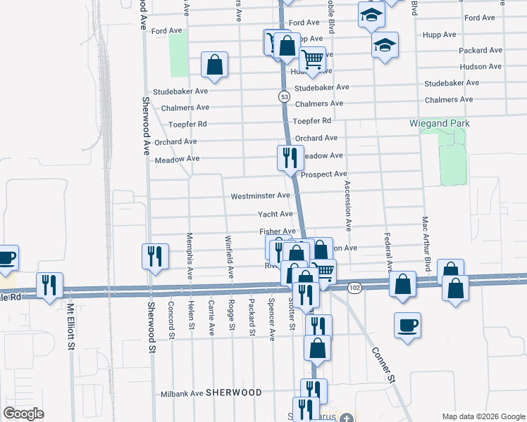 map of restaurants, bars, coffee shops, grocery stores, and more near 7555 Yacht Avenue in Warren