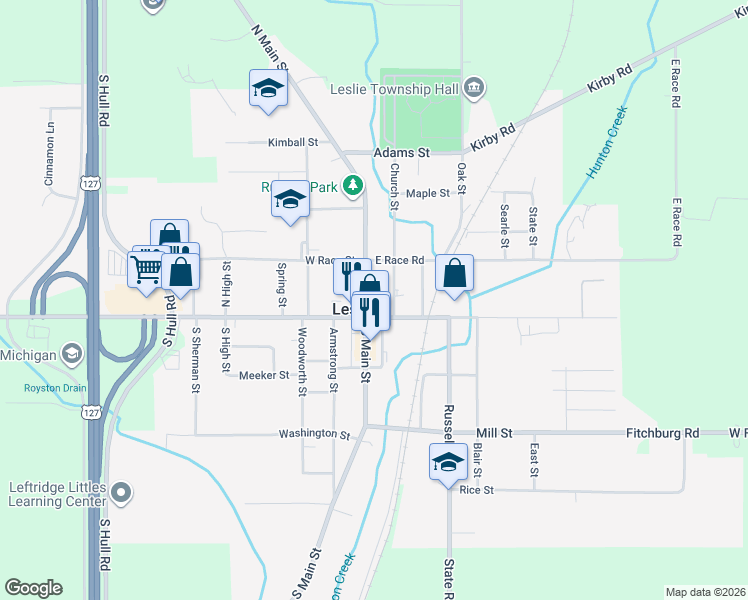 map of restaurants, bars, coffee shops, grocery stores, and more near in Leslie