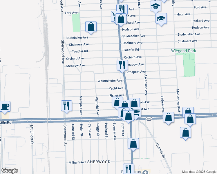 map of restaurants, bars, coffee shops, grocery stores, and more near 7534 Yacht Avenue in Warren