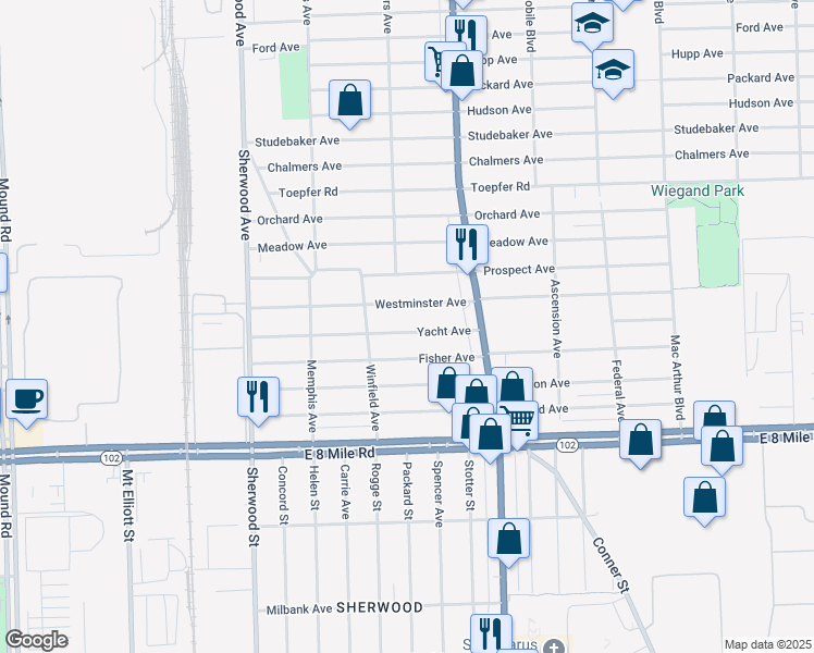 map of restaurants, bars, coffee shops, grocery stores, and more near 7515 Yacht Avenue in Warren