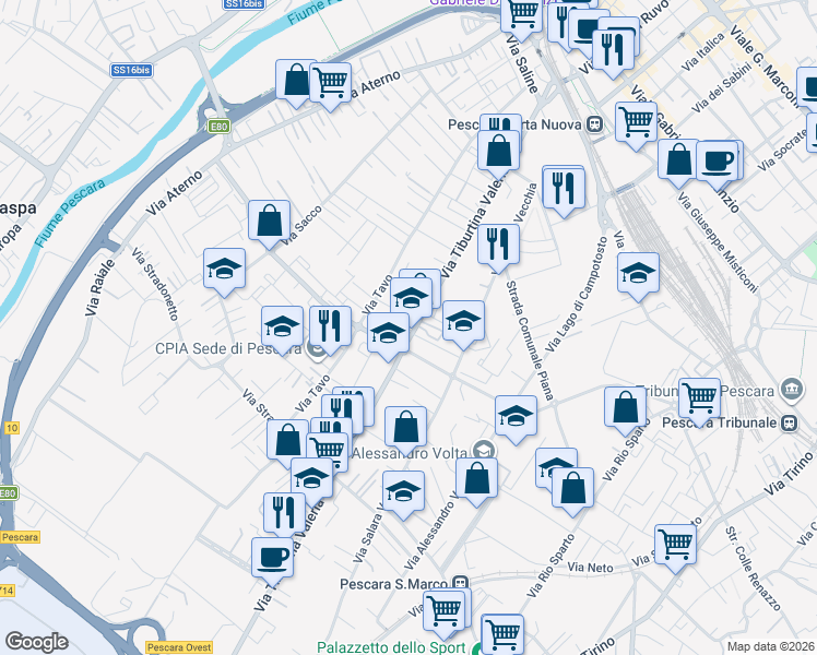 map of restaurants, bars, coffee shops, grocery stores, and more near 174 Via Tiburtina Valeria in Pescara