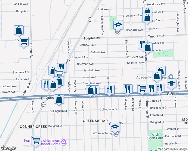 map of restaurants, bars, coffee shops, grocery stores, and more near 12724 Vernon Avenue in Warren