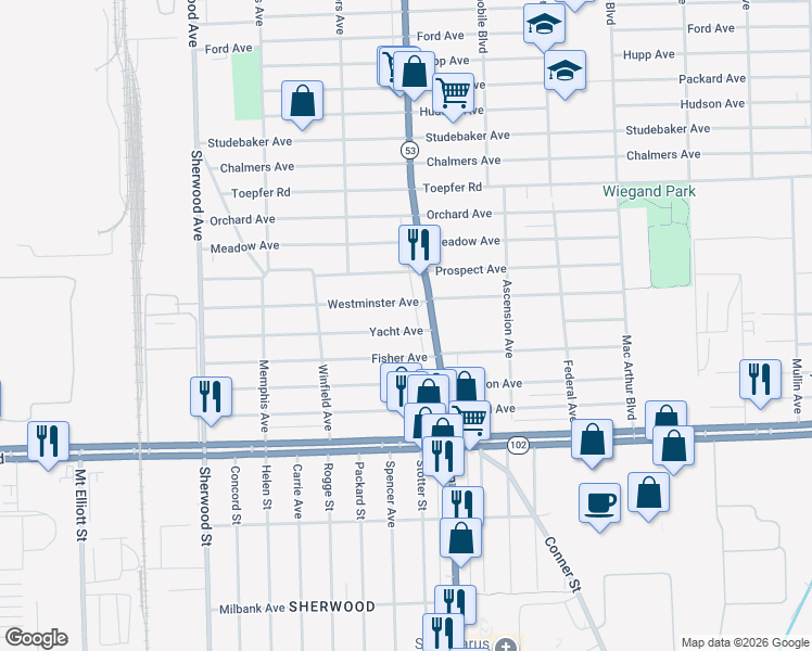 map of restaurants, bars, coffee shops, grocery stores, and more near 7615 Yacht Avenue in Warren