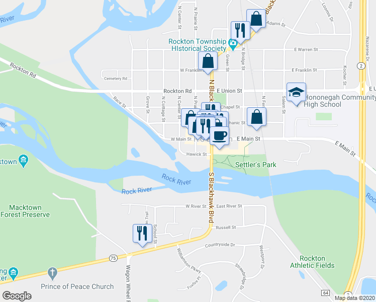 map of restaurants, bars, coffee shops, grocery stores, and more near 203 Hawick Street in Rockton