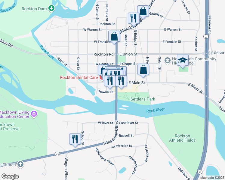 map of restaurants, bars, coffee shops, grocery stores, and more near 112 Hawick Street in Rockton
