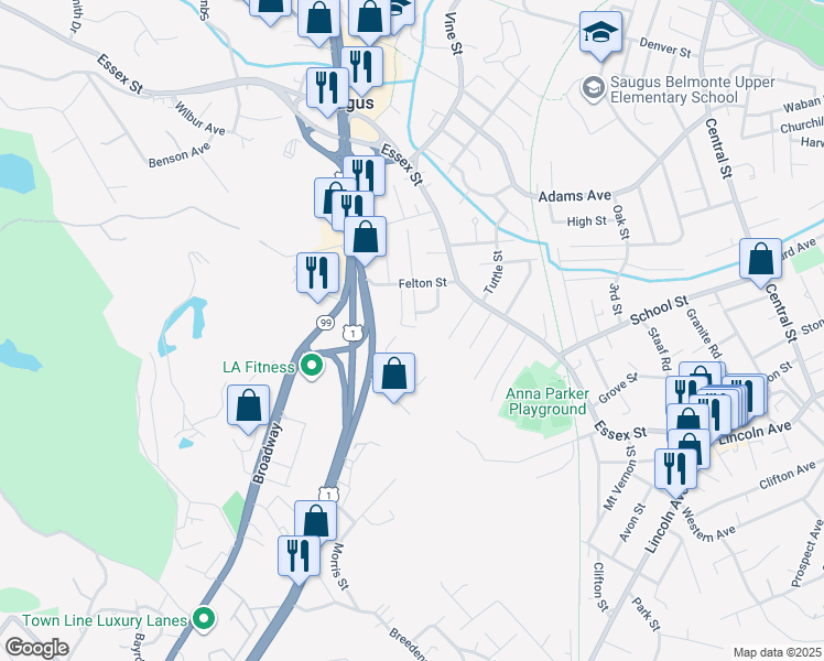 map of restaurants, bars, coffee shops, grocery stores, and more near 1 Griswold Street in Saugus