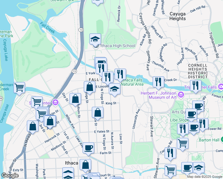 map of restaurants, bars, coffee shops, grocery stores, and more near 1007 North Aurora Street in Ithaca