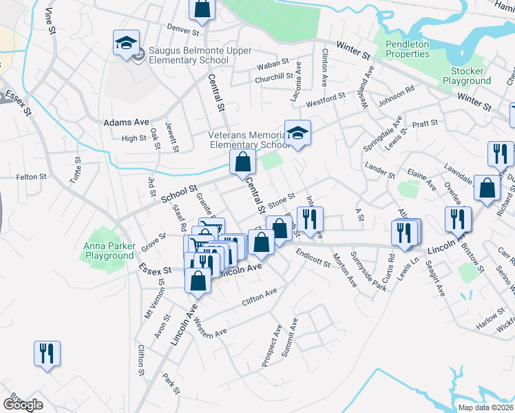 map of restaurants, bars, coffee shops, grocery stores, and more near 483 Central Street in Saugus