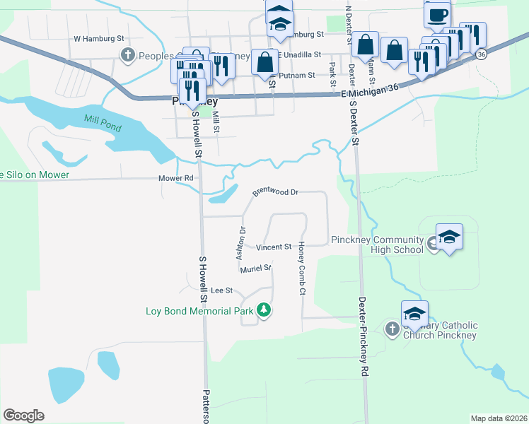 map of restaurants, bars, coffee shops, grocery stores, and more near 670 Starfield Drive in Pinckney