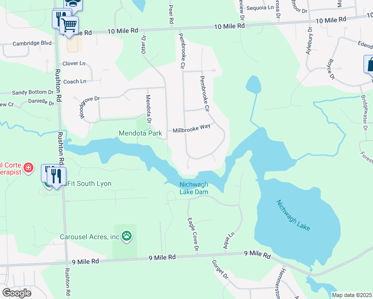 map of restaurants, bars, coffee shops, grocery stores, and more near 12035 Pembrooke Circle in South Lyon
