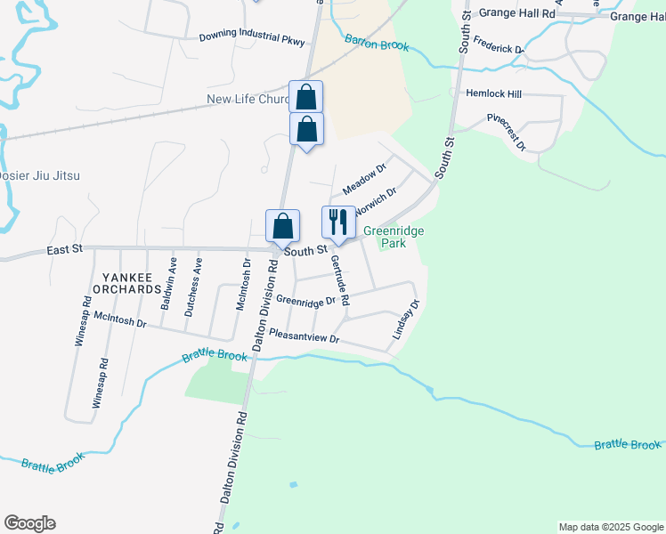 map of restaurants, bars, coffee shops, grocery stores, and more near 36 Evelyn Street in Dalton